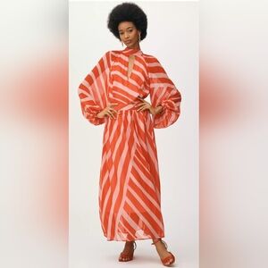 Anthropolgie Maeve Mock-Neck Bishop-Sleeve Striped Maxi Dress In Pink Combo